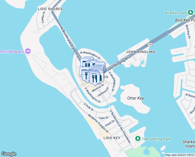 map of restaurants, bars, coffee shops, grocery stores, and more near 14 Boulevard of the Presidents in Sarasota