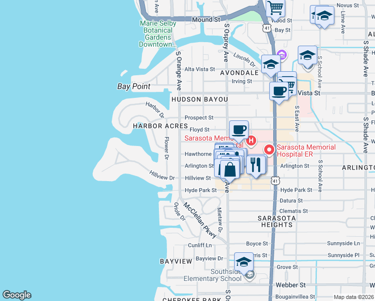 map of restaurants, bars, coffee shops, grocery stores, and more near 1618 Hawthorne Street in Sarasota