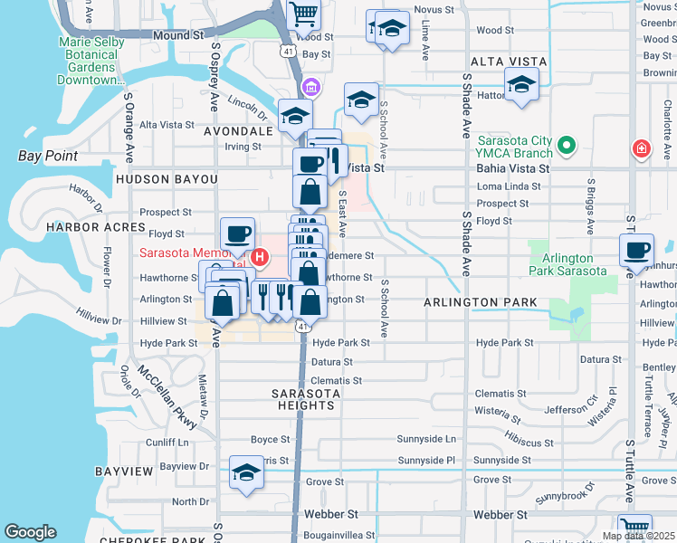 map of restaurants, bars, coffee shops, grocery stores, and more near 2068 Hawthorne Street in Sarasota