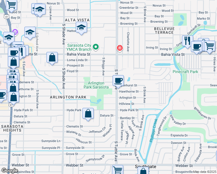 map of restaurants, bars, coffee shops, grocery stores, and more near 2718 Lynnhurst Street in Sarasota
