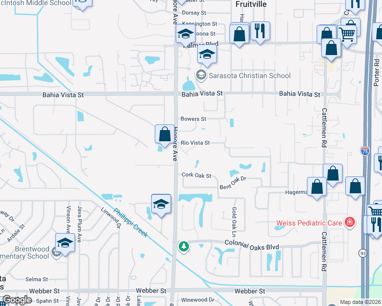 map of restaurants, bars, coffee shops, grocery stores, and more near 1725 Honore Avenue in Sarasota