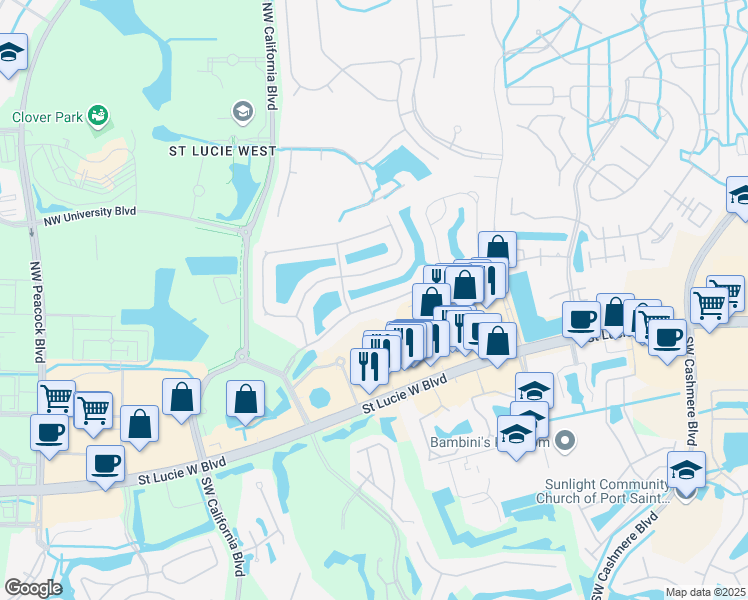 map of restaurants, bars, coffee shops, grocery stores, and more near 1532 Northwest Amherst Drive in Port St. Lucie