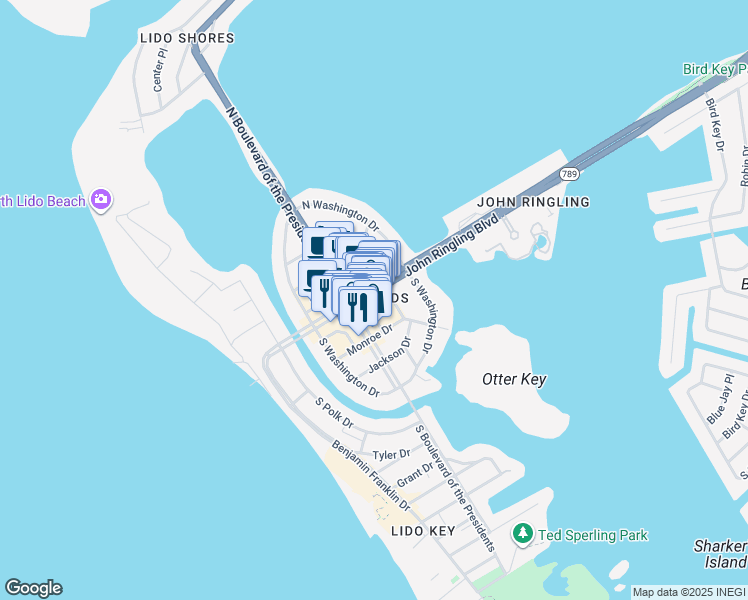 map of restaurants, bars, coffee shops, grocery stores, and more near 410 Saint Armands Circle in Sarasota