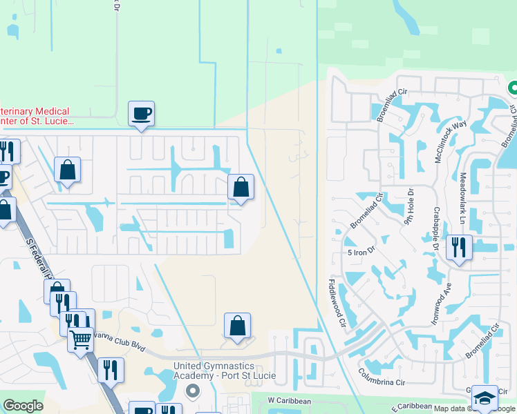 map of restaurants, bars, coffee shops, grocery stores, and more near 2355 Dyer Road in Port St. Lucie