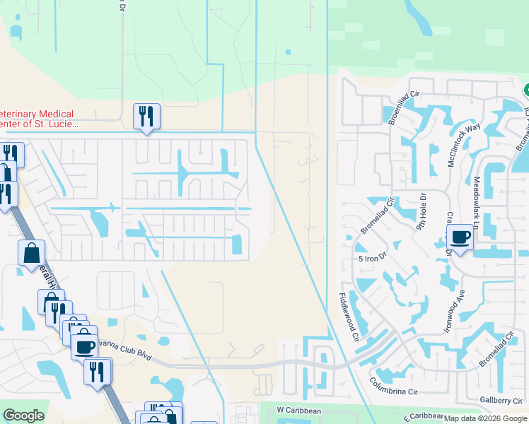 map of restaurants, bars, coffee shops, grocery stores, and more near 2355 Dyer Road in Port St. Lucie