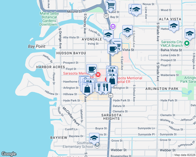 map of restaurants, bars, coffee shops, grocery stores, and more near 1700 South Tamiami Trail in Sarasota