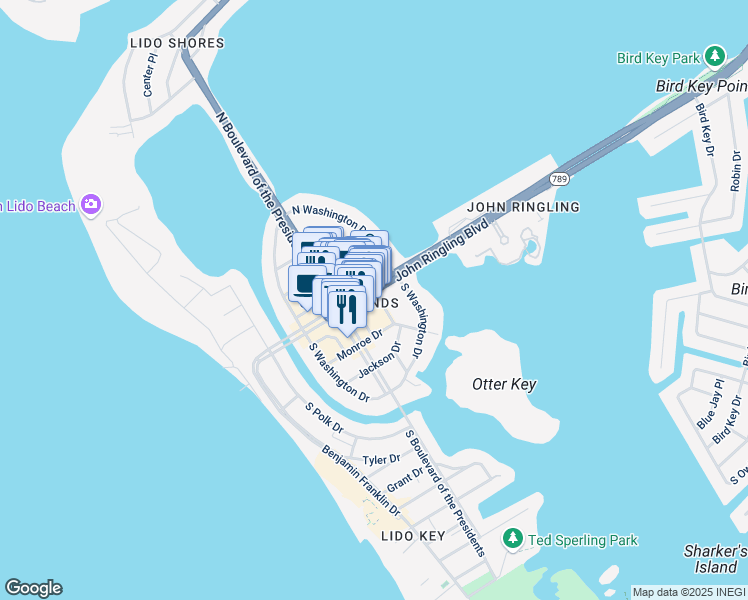 map of restaurants, bars, coffee shops, grocery stores, and more near 544 John Ringling Boulevard in Sarasota