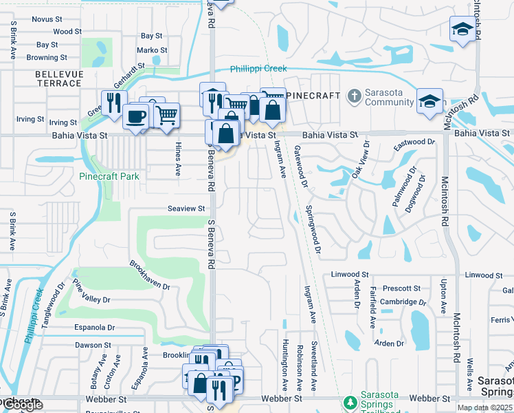 map of restaurants, bars, coffee shops, grocery stores, and more near 3724 Collins Street in Sarasota