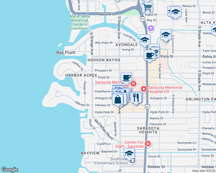 map of restaurants, bars, coffee shops, grocery stores, and more near 1691 Waldemere Street in Sarasota