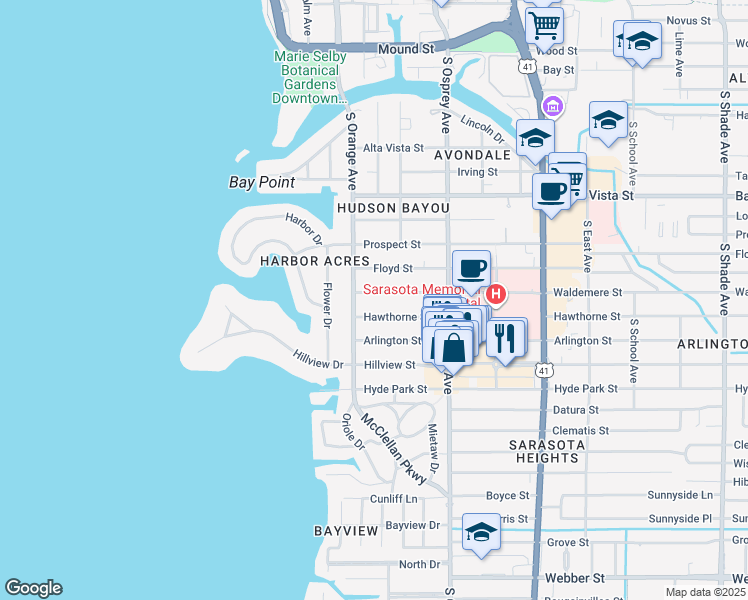 map of restaurants, bars, coffee shops, grocery stores, and more near 1539 South Orange Avenue in Sarasota