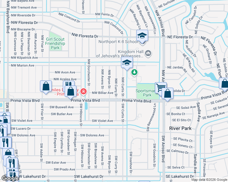 map of restaurants, bars, coffee shops, grocery stores, and more near 104 Northwest Curry Street in Port Saint Lucie