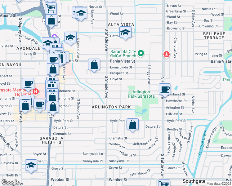 map of restaurants, bars, coffee shops, grocery stores, and more near 2437 Waldemere Street in Sarasota
