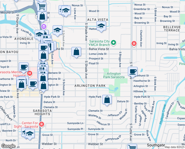 map of restaurants, bars, coffee shops, grocery stores, and more near 2437 Waldemere Street in Sarasota