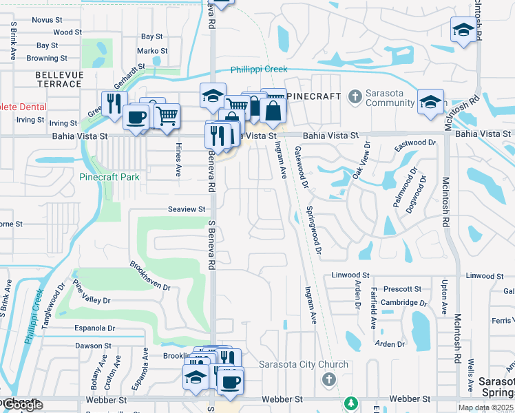 map of restaurants, bars, coffee shops, grocery stores, and more near 1506 Grand Boulevard in Sarasota