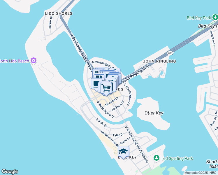 map of restaurants, bars, coffee shops, grocery stores, and more near 443A John Ringling Boulevard in Sarasota