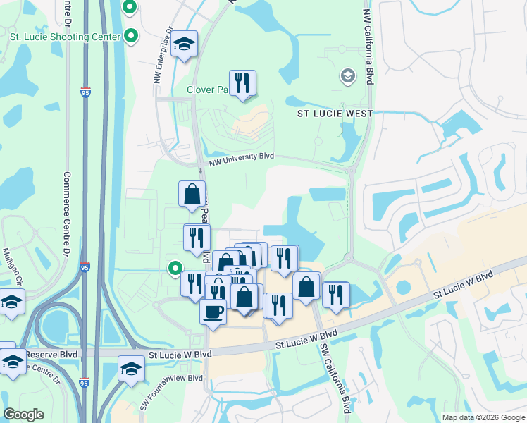 map of restaurants, bars, coffee shops, grocery stores, and more near 500 Northwest Peacock Boulevard in Port St. Lucie