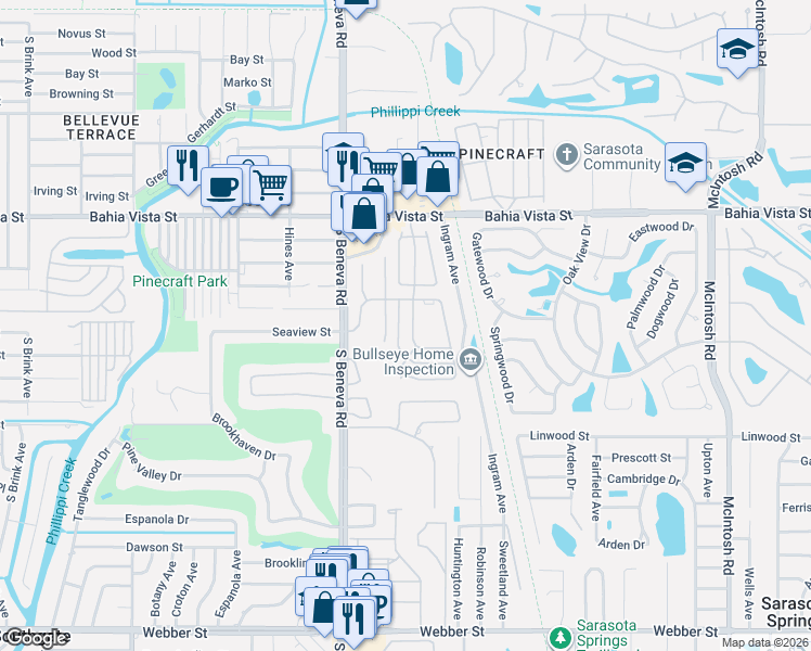 map of restaurants, bars, coffee shops, grocery stores, and more near 1502 Stewart Drive in Sarasota