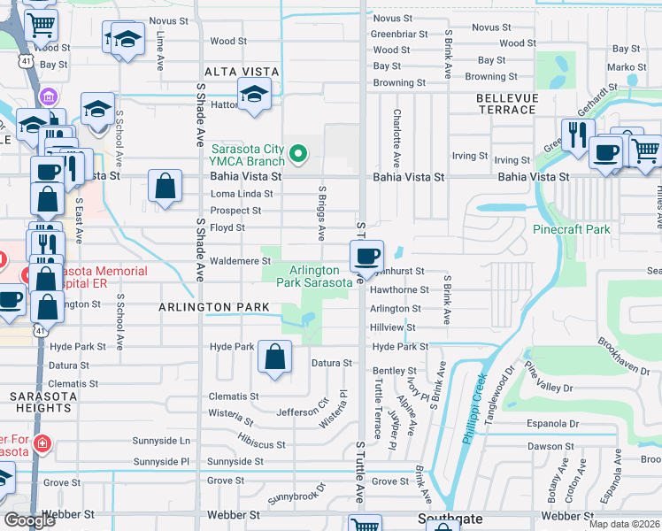 map of restaurants, bars, coffee shops, grocery stores, and more near 2745 Waldemere Street in Sarasota