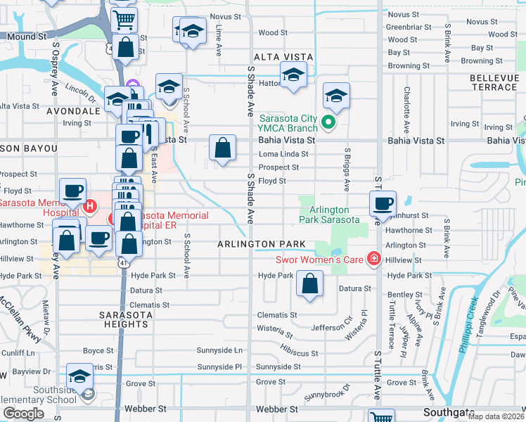 map of restaurants, bars, coffee shops, grocery stores, and more near 2437 Waldemere Street in Sarasota
