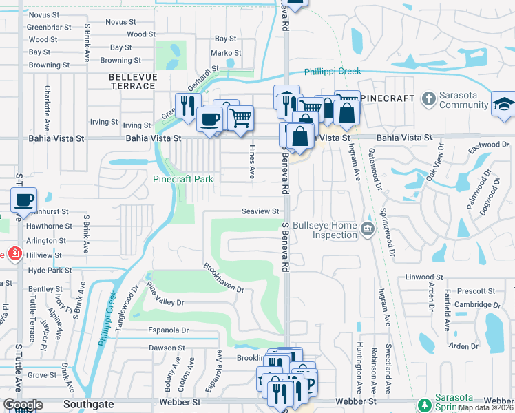 map of restaurants, bars, coffee shops, grocery stores, and more near 3503 Seaview Street in Sarasota