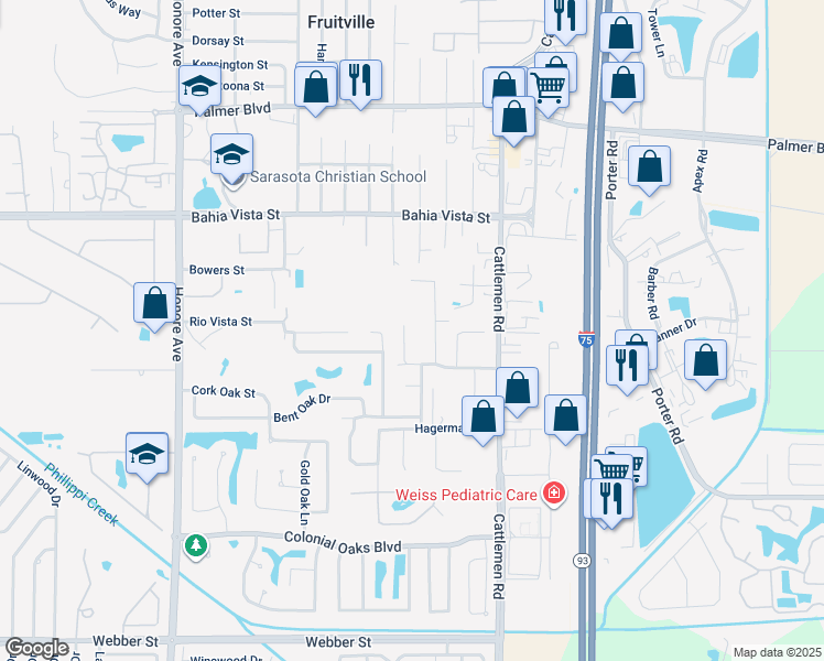 map of restaurants, bars, coffee shops, grocery stores, and more near 1721 Old Summerwood Boulevard in Sarasota