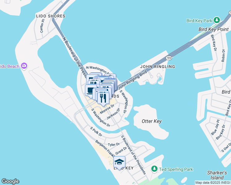 map of restaurants, bars, coffee shops, grocery stores, and more near 544 John Ringling Boulevard in Sarasota