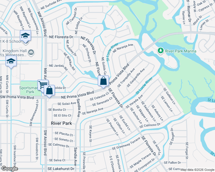 map of restaurants, bars, coffee shops, grocery stores, and more near NE Prima Vista Blvd & NE Floresta Dr in Port St. Lucie