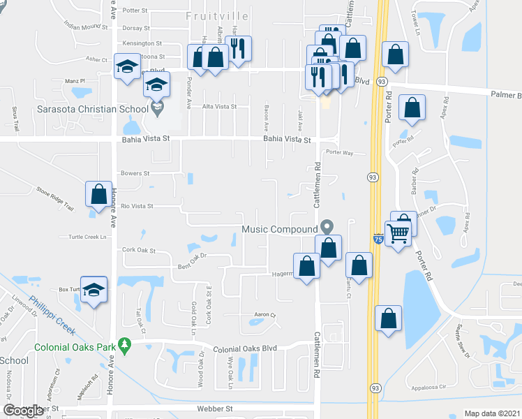 map of restaurants, bars, coffee shops, grocery stores, and more near 1692 Old Summerwood Boulevard in Sarasota