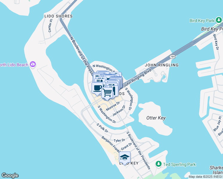 map of restaurants, bars, coffee shops, grocery stores, and more near 443A John Ringling Boulevard in Sarasota