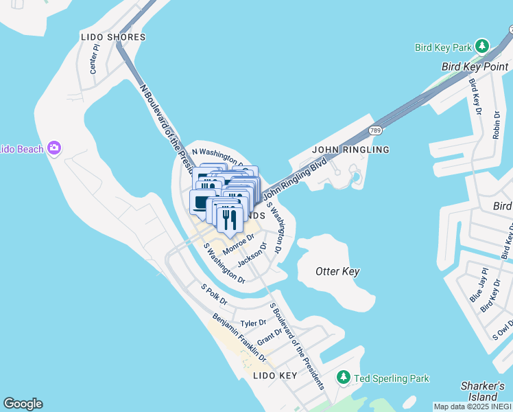 map of restaurants, bars, coffee shops, grocery stores, and more near 544 John Ringling Boulevard in Sarasota