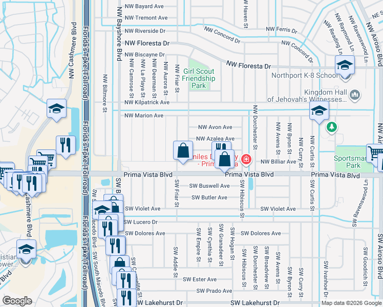 map of restaurants, bars, coffee shops, grocery stores, and more near 598 Northwest Azine Avenue in Port St. Lucie