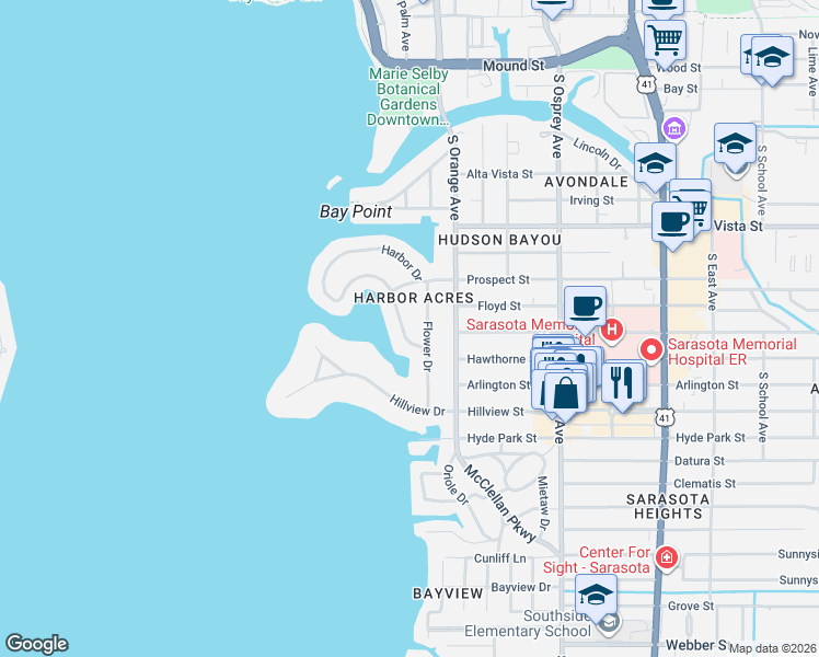 map of restaurants, bars, coffee shops, grocery stores, and more near 1523 Flower Drive in Sarasota