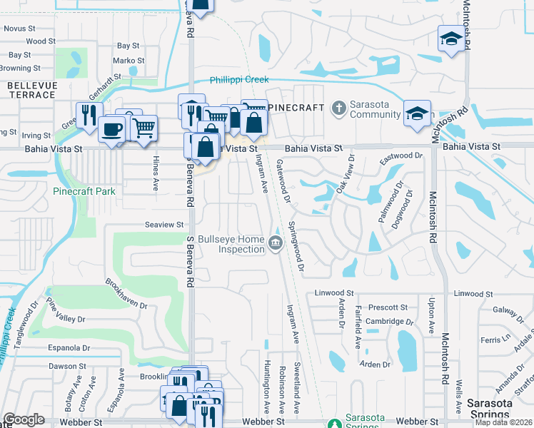 map of restaurants, bars, coffee shops, grocery stores, and more near 1551 Ingram Avenue in Sarasota