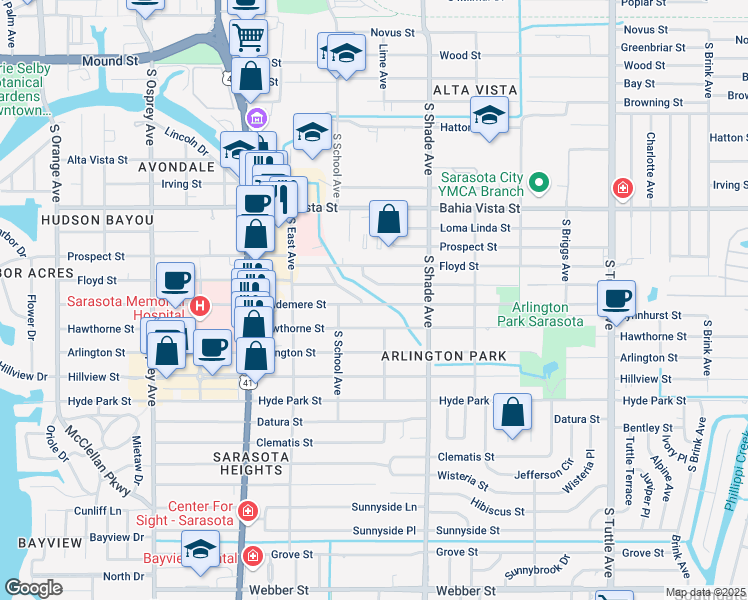 map of restaurants, bars, coffee shops, grocery stores, and more near 2274 Temple Street in Sarasota