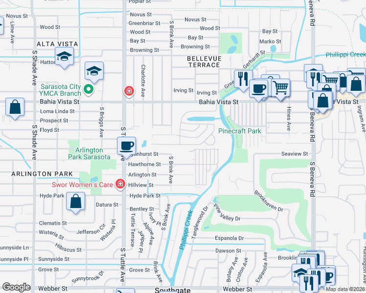 map of restaurants, bars, coffee shops, grocery stores, and more near 3004 Saralake Drive South in Sarasota