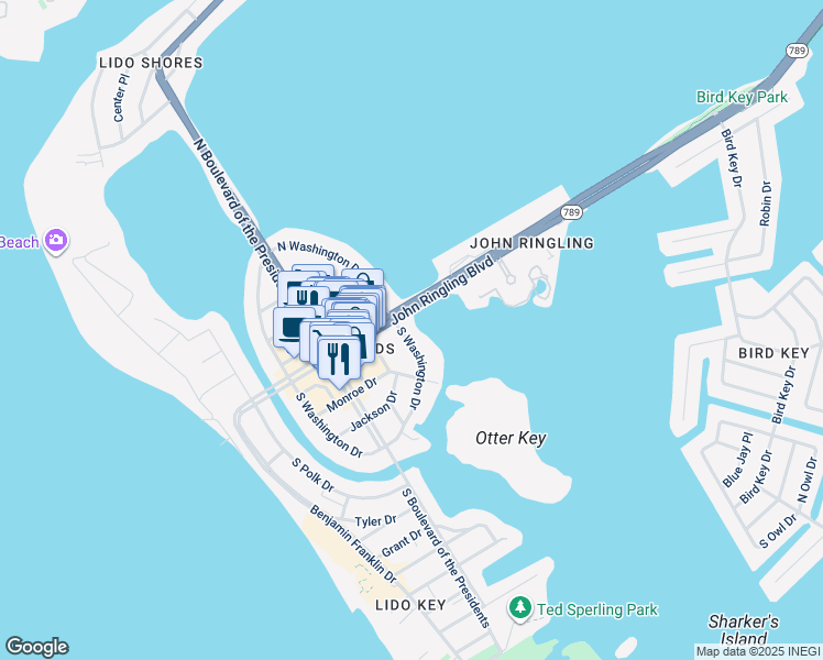 map of restaurants, bars, coffee shops, grocery stores, and more near 25 South Washington Drive in Sarasota