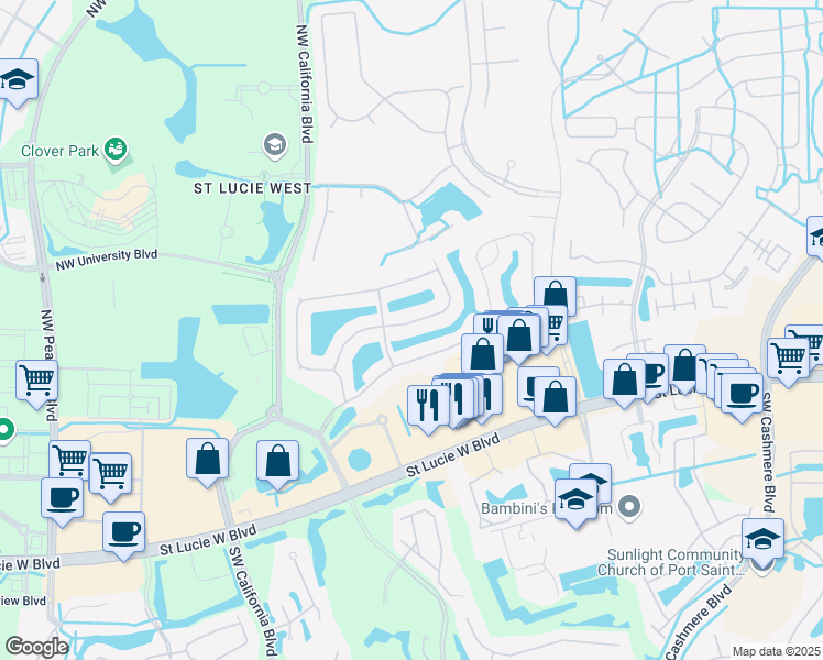 map of restaurants, bars, coffee shops, grocery stores, and more near 1286 Northwest Bentley Circle in Port St. Lucie
