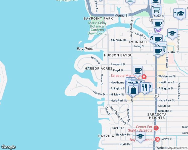 map of restaurants, bars, coffee shops, grocery stores, and more near 1500 Harbor Drive in Sarasota