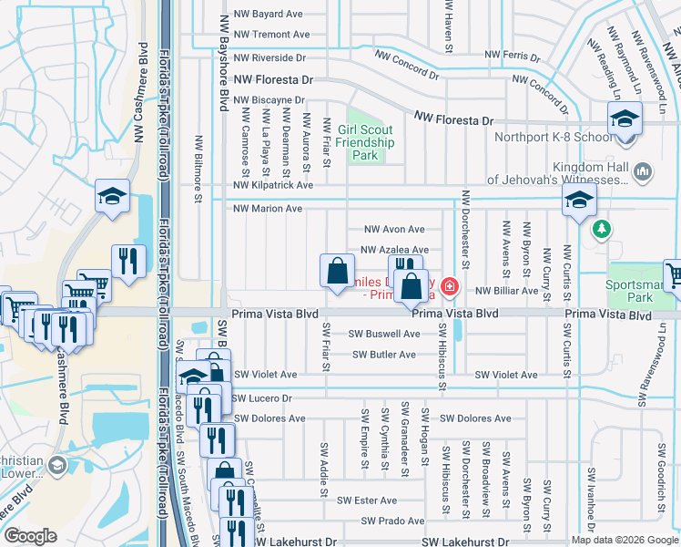 map of restaurants, bars, coffee shops, grocery stores, and more near 598 Northwest Azine Avenue in Port St. Lucie