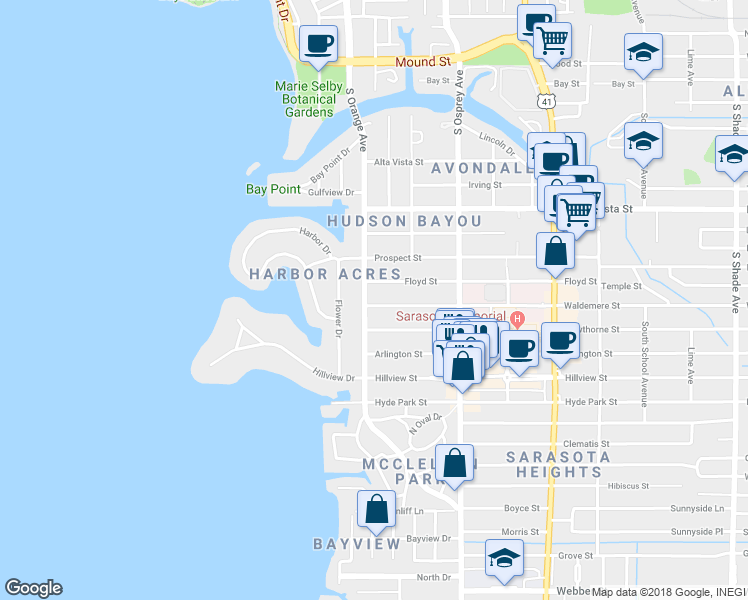 map of restaurants, bars, coffee shops, grocery stores, and more near 1539 South Orange Avenue in Sarasota