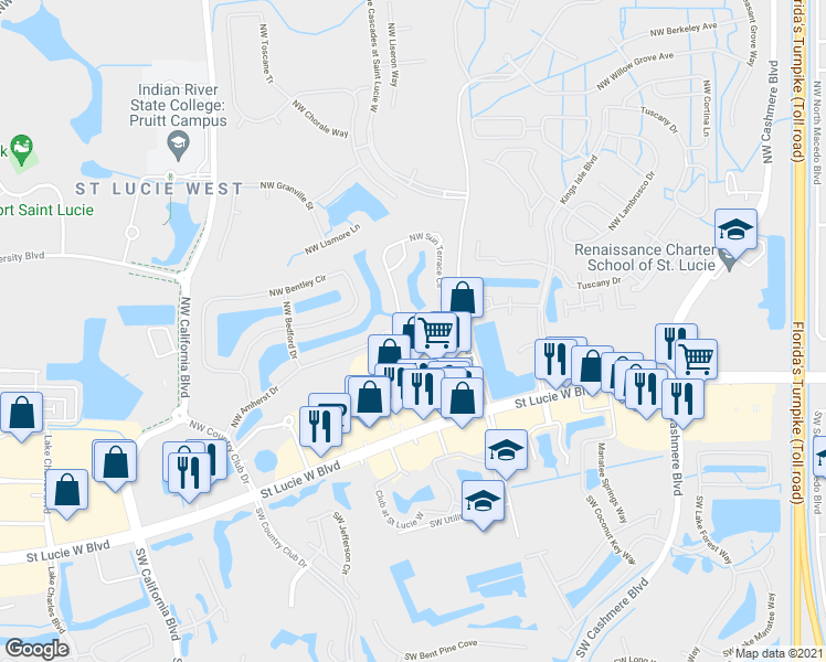 map of restaurants, bars, coffee shops, grocery stores, and more near 1208 Northwest Sun Terrace Circle in Port St. Lucie