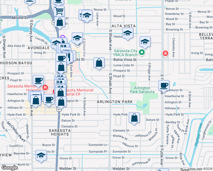 map of restaurants, bars, coffee shops, grocery stores, and more near 2365 Waldemere Street in Sarasota
