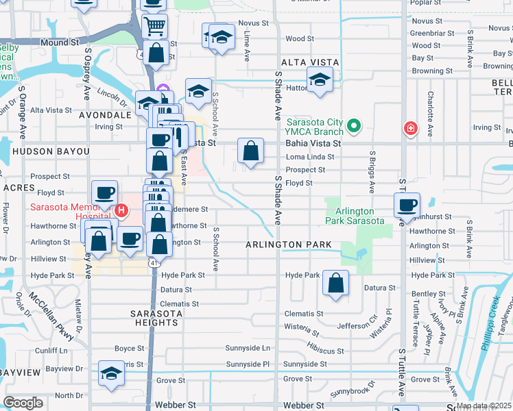 map of restaurants, bars, coffee shops, grocery stores, and more near 2274 Temple Street in Sarasota