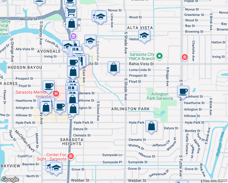 map of restaurants, bars, coffee shops, grocery stores, and more near 2274 Temple Street in Sarasota