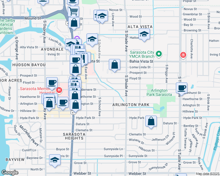 map of restaurants, bars, coffee shops, grocery stores, and more near 2274 Temple Street in Sarasota