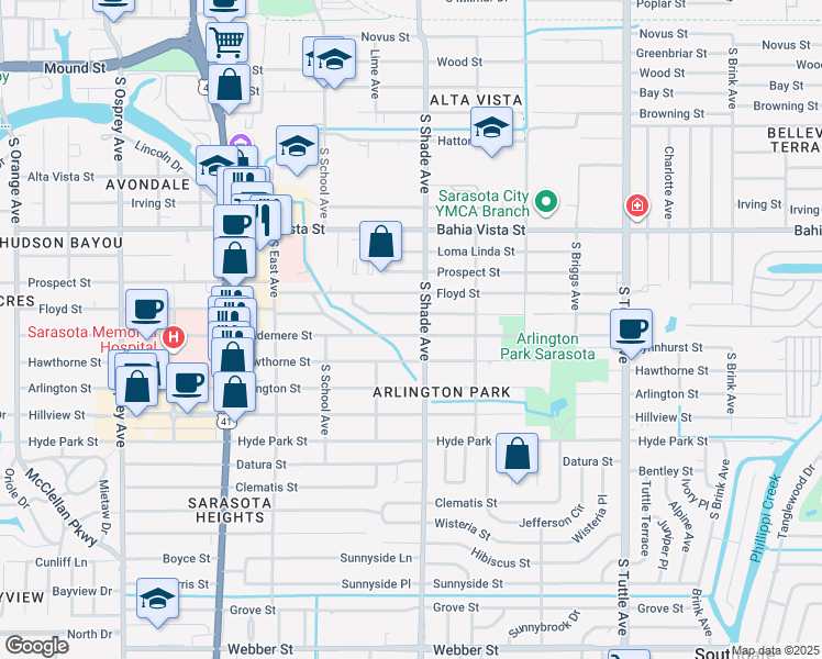 map of restaurants, bars, coffee shops, grocery stores, and more near 2365 Waldemere Street in Sarasota