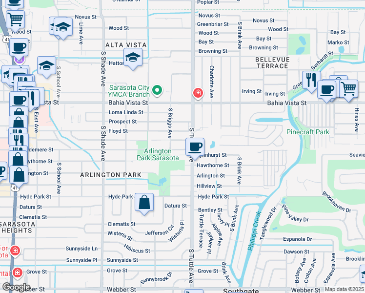 map of restaurants, bars, coffee shops, grocery stores, and more near 2745 Waldemere Street in Sarasota