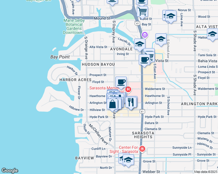 map of restaurants, bars, coffee shops, grocery stores, and more near 1759 Waldemere Street in Sarasota