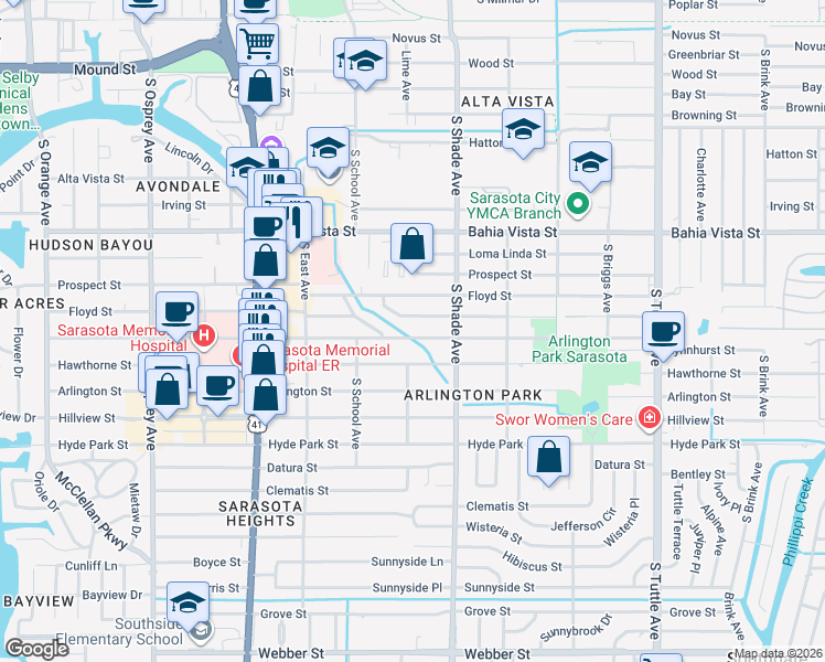 map of restaurants, bars, coffee shops, grocery stores, and more near 2274 Temple Street in Sarasota