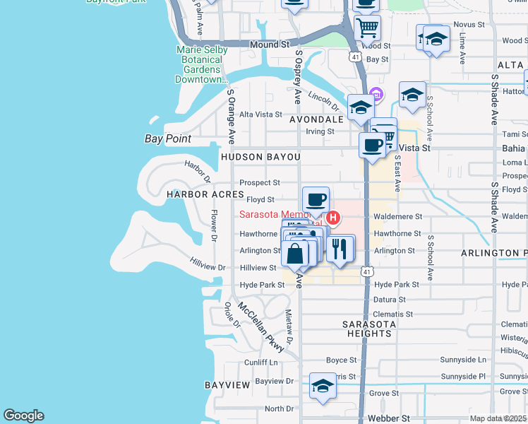 map of restaurants, bars, coffee shops, grocery stores, and more near 1691 Waldemere Street in Sarasota